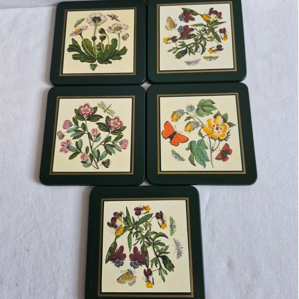 Portmeirion Botanic Garden Coasters Green Floral Butterfly England Set of 5